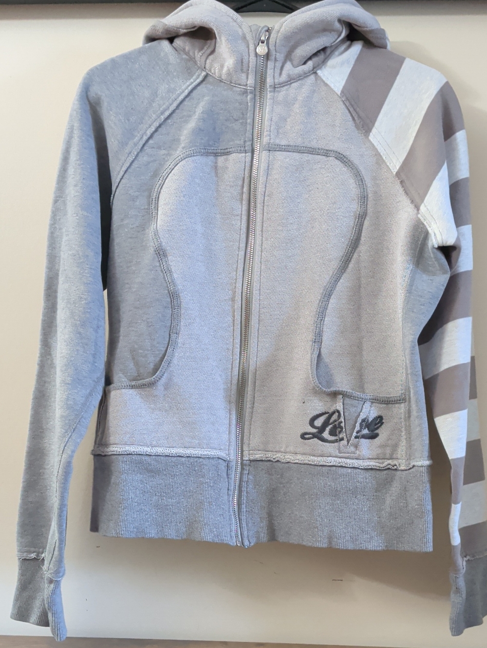 lululemon athletica Light Gray Zip Hoodie with Striped Sleeve